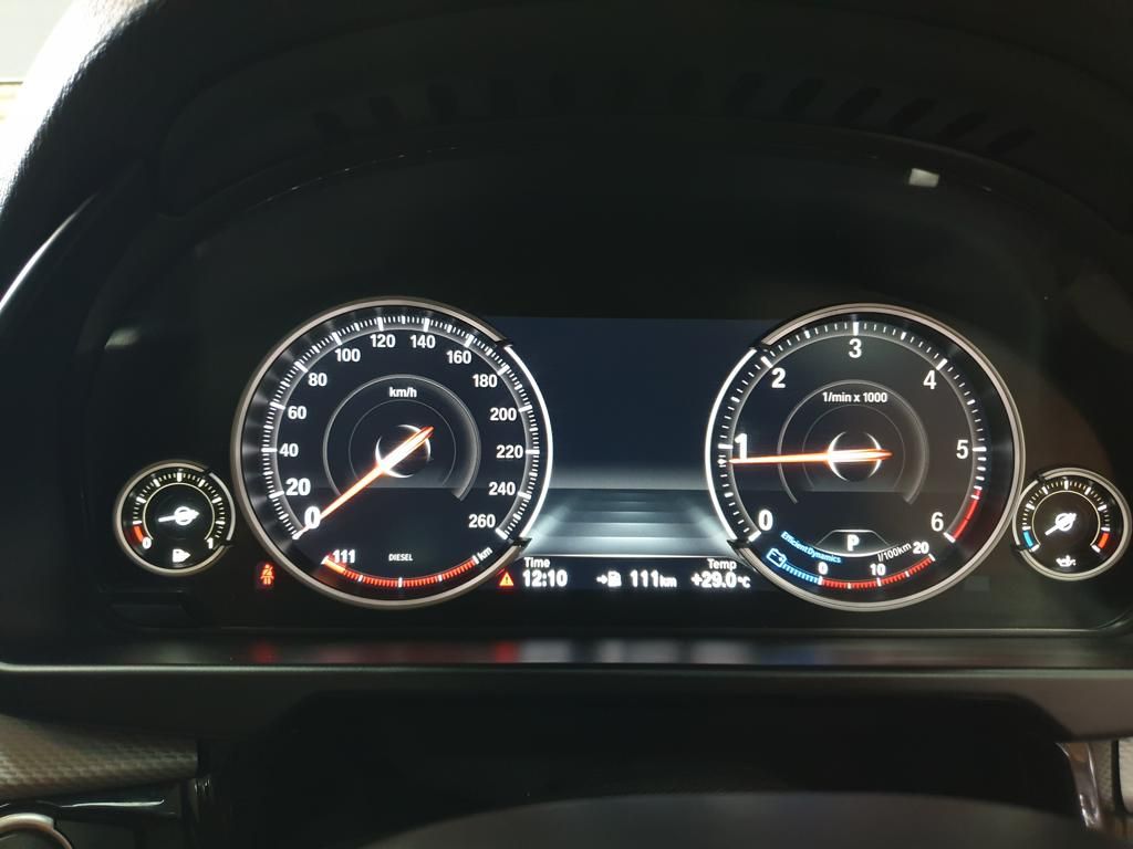 Car dashboard instrument cluster with speedometer, tachometer, and warning lights