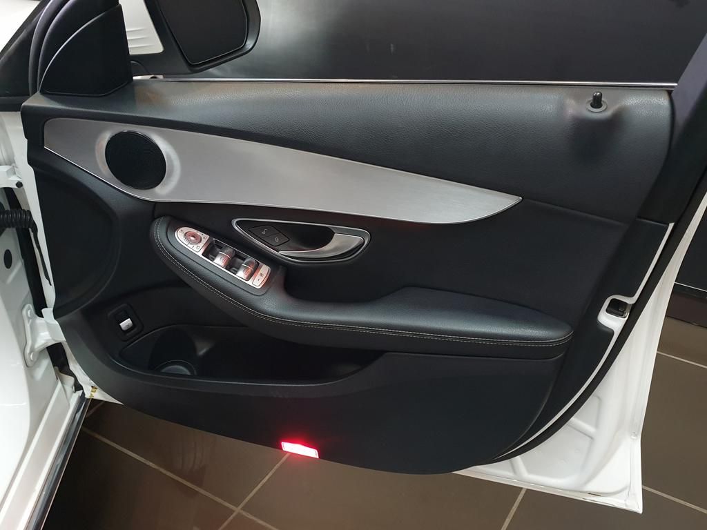 Luxury car interior door panel with metallic trim and controls