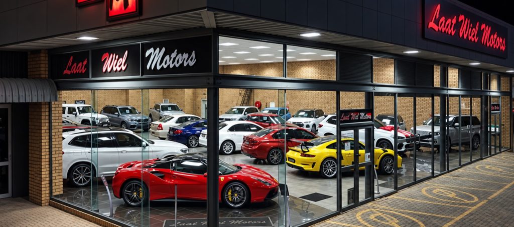Laat Wiel Motors showroom with luxury cars at night